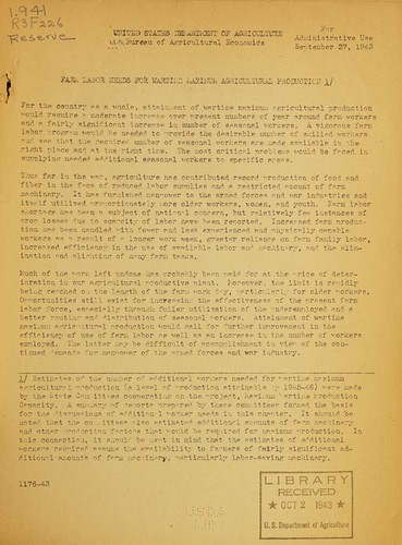 Farm labor needs for wartime maximum agricultural production