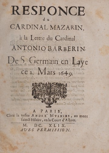 Responce du cardinal Mazarin à la Lettre du cardinal Antonio Barberin