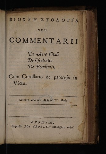 Biochristologia seu commentarii de aere vitali de esculentis de potulentis. Cum corollario de parergis in victu