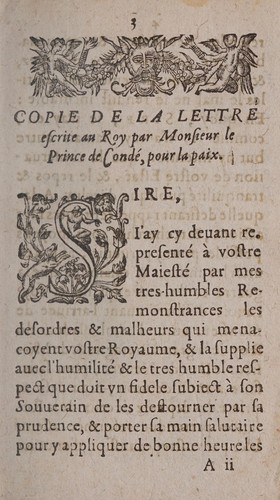 Copie de la lettre enuoyee au roy par Monsieur le prince de Condé pour la paix
