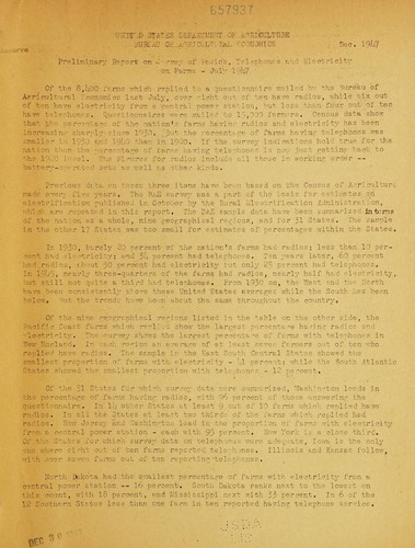 Preliminary report on survey of radios, telephones and electricity on farms, July, 1947