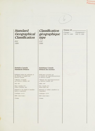 Standard geographical classification, SGC 1986 : volume I, the classification =