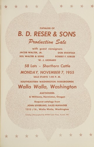 Catalog of B.D. Reser & Sons production sale