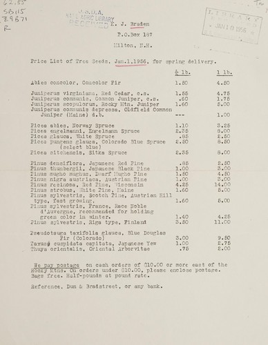 Price list of tree seeds, Jan. 1, 1956, for spring delivery