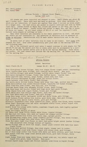 African violets, unusual house plants, spring 1956 list