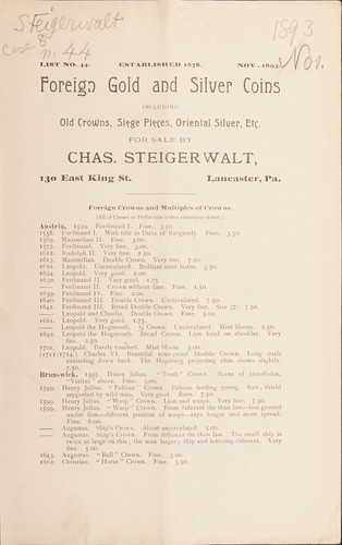 Foreign gold and silver coins, including old crowns, siege pieces, Oriental silver, etc. [Fixed price list number 44, November 1893]