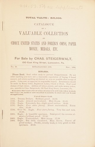 Catalogue of a $15,000 collection of United States and foreign gold, silver, and copper coins, medals, paper money, numismatic books, etc., etc. [Fixed price list number 50, November 1894]