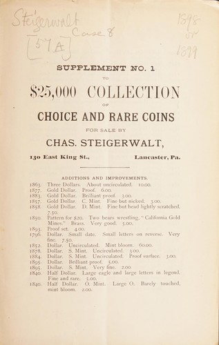Supplement No. 1 to $25,000 collection of choice and rare coins. [Fixed price list number 57A, 1898 or 1899]