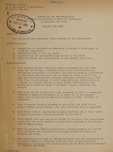 Discussion and recommendations [by] Supervisory Group at Extension Conference on Children and Youth, December 12, 1950
