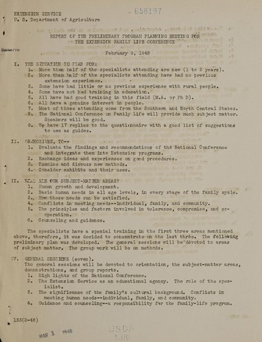 Report of the preliminary program planning meeting for the Extension Family Life Conference, February 9, 1948