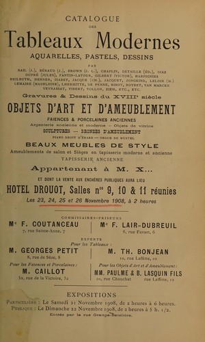 Catalogue des tableaux modernes, aquarelles, pastels, dessins ... gravures & dessins du XVIIIe siècle, objets d'art et d'ameublement ...