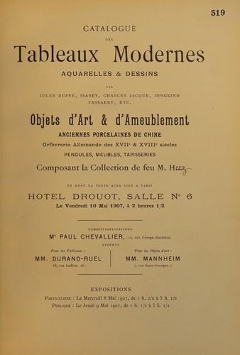 Catalogue des tableaux modernes, aquarelles & dessins par Jules Dupré, Isabey, Charles Jacque, Jongkind, Tassaert, etc. ... composant la collection de feu M. H***