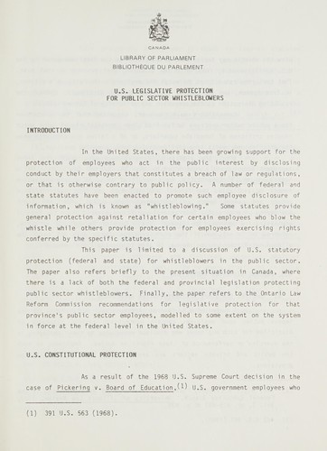 U.S. legislative protection for public sector whistleblowers