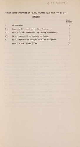 Foreign direct investment in Canada, selected years from 1900 to 1945