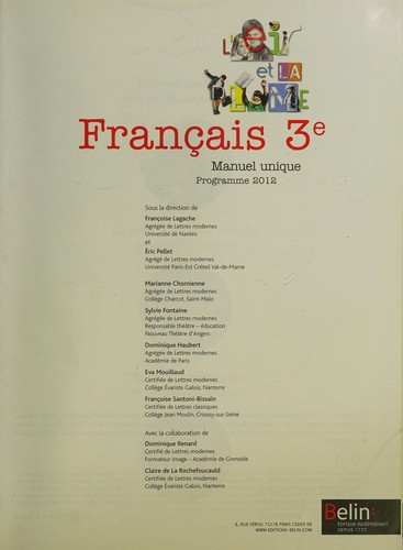 L'OEIL ET LA PLUME; français ; 3ème ; manuel unique