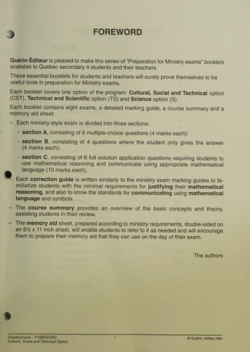 MATHEMATICS 3000, SECONDARY 4, CST / PREP FOR MINISTRY EXAMS