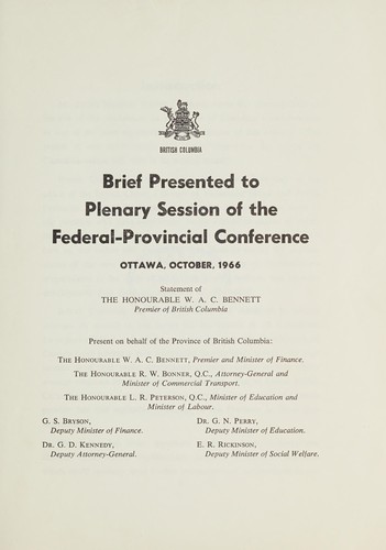 BRIEF PRESENTED TO PLENARY SESSION OF THE FEDERAL-PROVINCIAL CONFERENCE, OTTAWA, OCTOBER, 1966