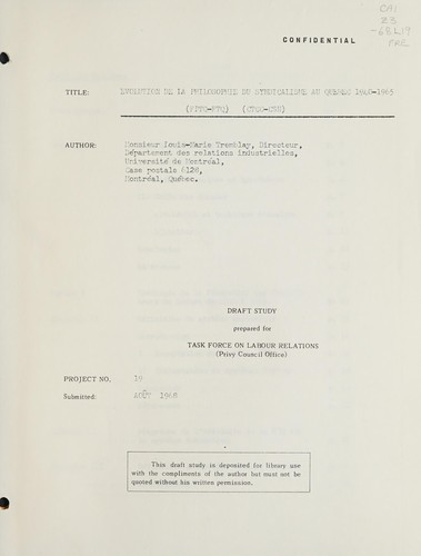 EVOLUTION DE LA PHILOSOPHIE DU SYNDICALISME AU QUEBEC 1940-1965 (FPTQ-FTQ) (CTCC-CSN)