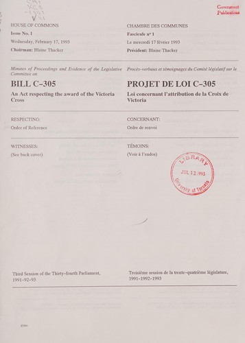 Minutes of proceedings and evidence of the Legislative Committee on Bill C-305, an act respecting the award of the Victoria Cross