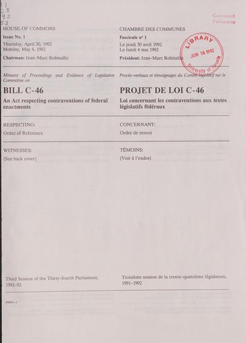 Minutes of proceedings and evidence of Legislative Committee on Bill C-46, an act respecting contraventions of federal enactments