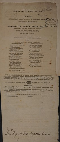 Proposal by Samuel T. Armstrong, no. 50, Cornhill, Boston, for publishing by subscription, the Remains of Henry Kirke White of Nottingham, late of St. John's College, Cambridge, with an account of his life, by Robert Southey, in two volumes