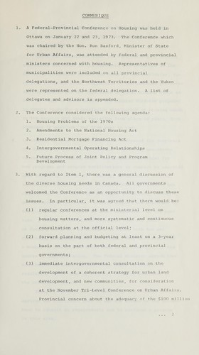 DOCUMENTS, FEDERAL-PROVINCIAL CONFERENCE ON HOUSING, OTTAWA, JAN.22-23, 1973