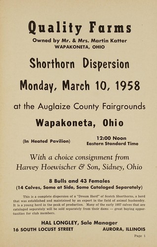 Quality Farms owned by Mr. & Mrs. Martin Katter, Wapakoneta, Ohio, shorthorn dispersion