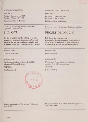 Minutes of proceedings and evidence of the Legislative Committee on Bill C-77