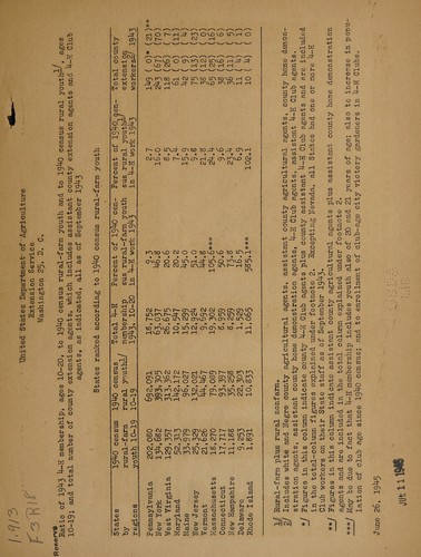 Ratio of 1943 4-H membership, ages 10-20, to 1940 census rural-farm youth and to 1940 census rural youth, ages 10-19, and total number of county extension agents ... as of September 1943