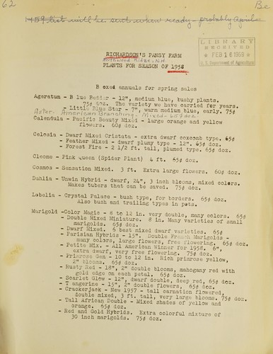 Plants for season of 1958