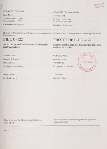 Minutes of proceedings and evidence of the Legislative Committee on Bill C-122, An Act to Amend the Customs Tariff (Textile Tariff Reduction)