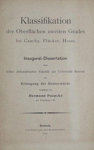 Klassifikation der Oberflächen zweiten Grades bei Cauchy, Plücker, Hesse ..