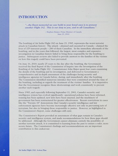 Action plan, the Government of Canada response to the Commission of Inquiry into the Investigation of the Bombing of Air India Flight 182