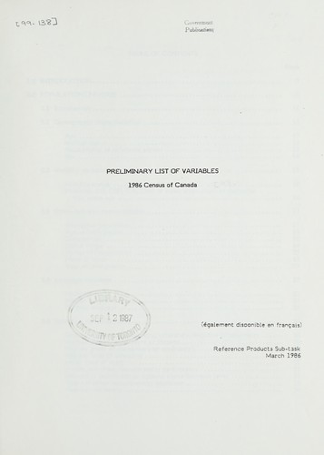 Preliminary list of variables, 1986 Census of Canada