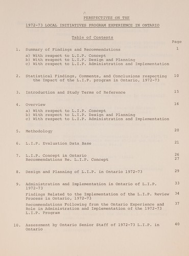 Perspectives on the 1972-73 local initiatives program experience in Ontario