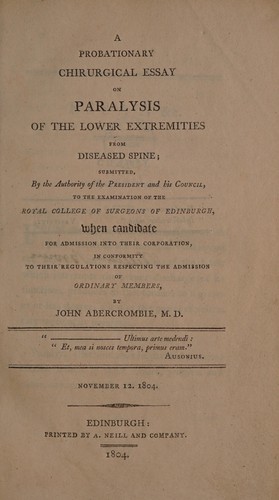 A probationary chirurgical essay on paralysis of the lower extremities from diseased spine