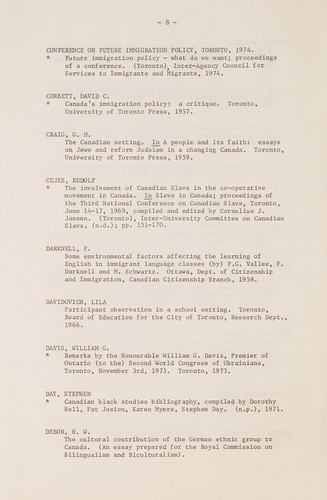 MINORITY GROUPS IN METROPOLITAN TORONTO - A SUPPLEMENT TO THE 1973 BIBLIOGRAPHY
