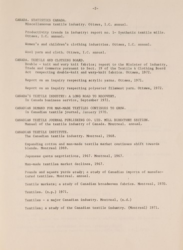 SELECTIVE BIBLIOGRAPHY ON THE CLOTHING AND TEXTILE INDUSTRY IN CANADA