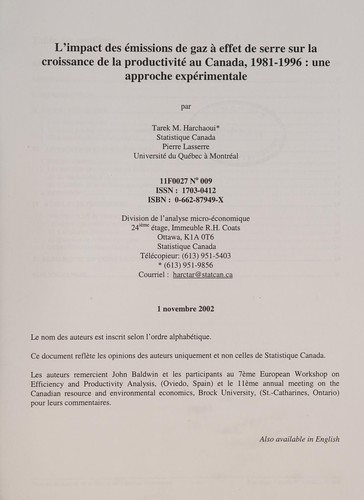 L' impact des émissions de gaz à effet de serre sur la croissance de la productivité au Canada, 1981-1996