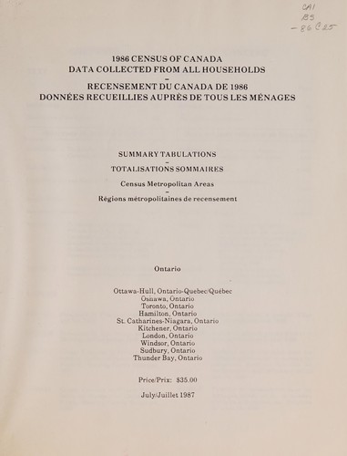 Summary tabulations - census metropolitan areas - Ontario - census of Canada, 1986