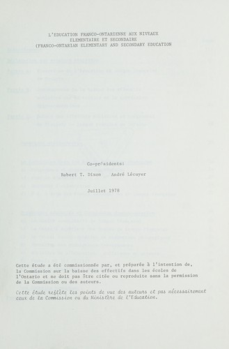 EDUCATION FRANCO-ONTARIENNE AUX NIVEAUX ELEMENTAIRE ET SECONDAIRE (FRANCO-ONTARIAN ELEMENTARY AND SECONDARY EDUCATION)