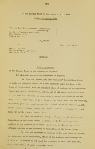 Capital City Milk Producers' Association, Inc., plaintiff, vs. Henry A. Wallace, et., defendant. no. 56113 in equity