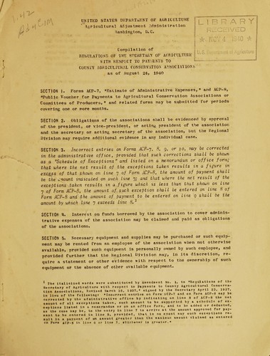 Compiled of regulations of the Secretary of agriculture with respect to payments to county agricultural conservation associations as of August 24, 1940