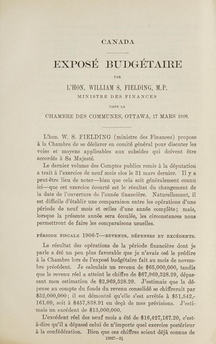 Exposé budgétaire par l'Hon. William S. Fielding, M.P., Ministre des finances, Chambre des Communes, mardi, 17 mars, 1908