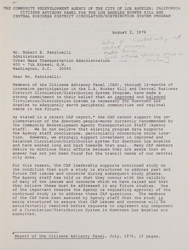 Report of the Citizen Advisory Panel of the Los Angeles Bunker Hill and Central Business District Circulation/Distribution System Program administered by the Community Redevelopment Agency of the City of Los Angeles