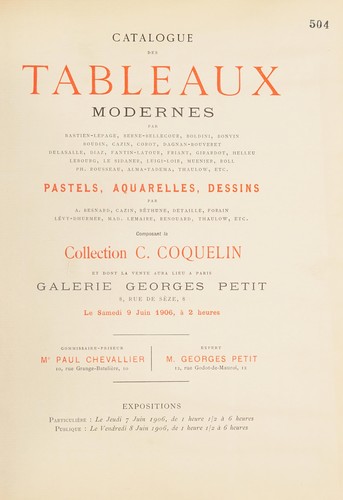 Catalogue des tableaux modernes par Bastien Lepage, Berne Bellecour, Boldini, Bonvin ... composant la collection C. Coquelin