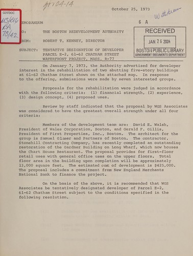 Tentative designation of developer, parcel e-2, 61-62 Chatham street, waterfront project, mass r-77