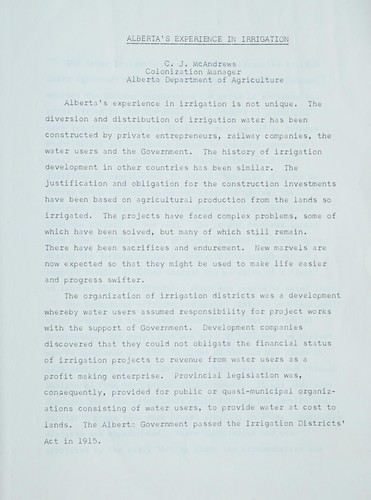 Alberta's experience in irrigation