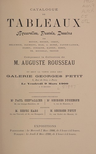 Catalogue de tableaux, aquarelles, pastels, dessins ... composant la collection de M. Auguste Rousseau
