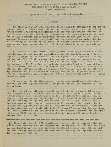 Effects of size of fruit on price of Florida oranges, New York and St. Louis auction markets, 1949-50 season